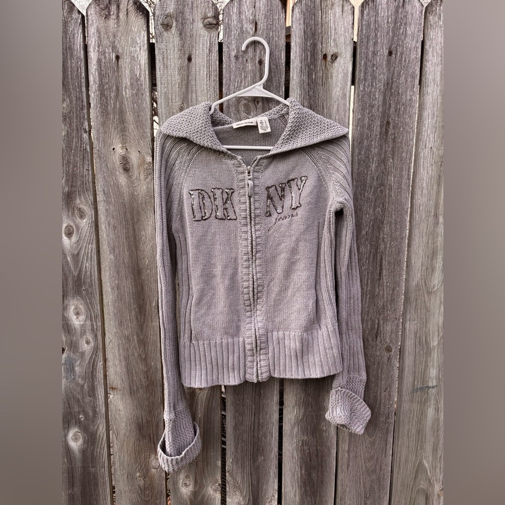 Y2K DKNY Gray Knit Zip-Front Sequin Sweater